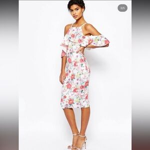 ASOS Floral Midi Pencil Dress Ruffle Shoulder